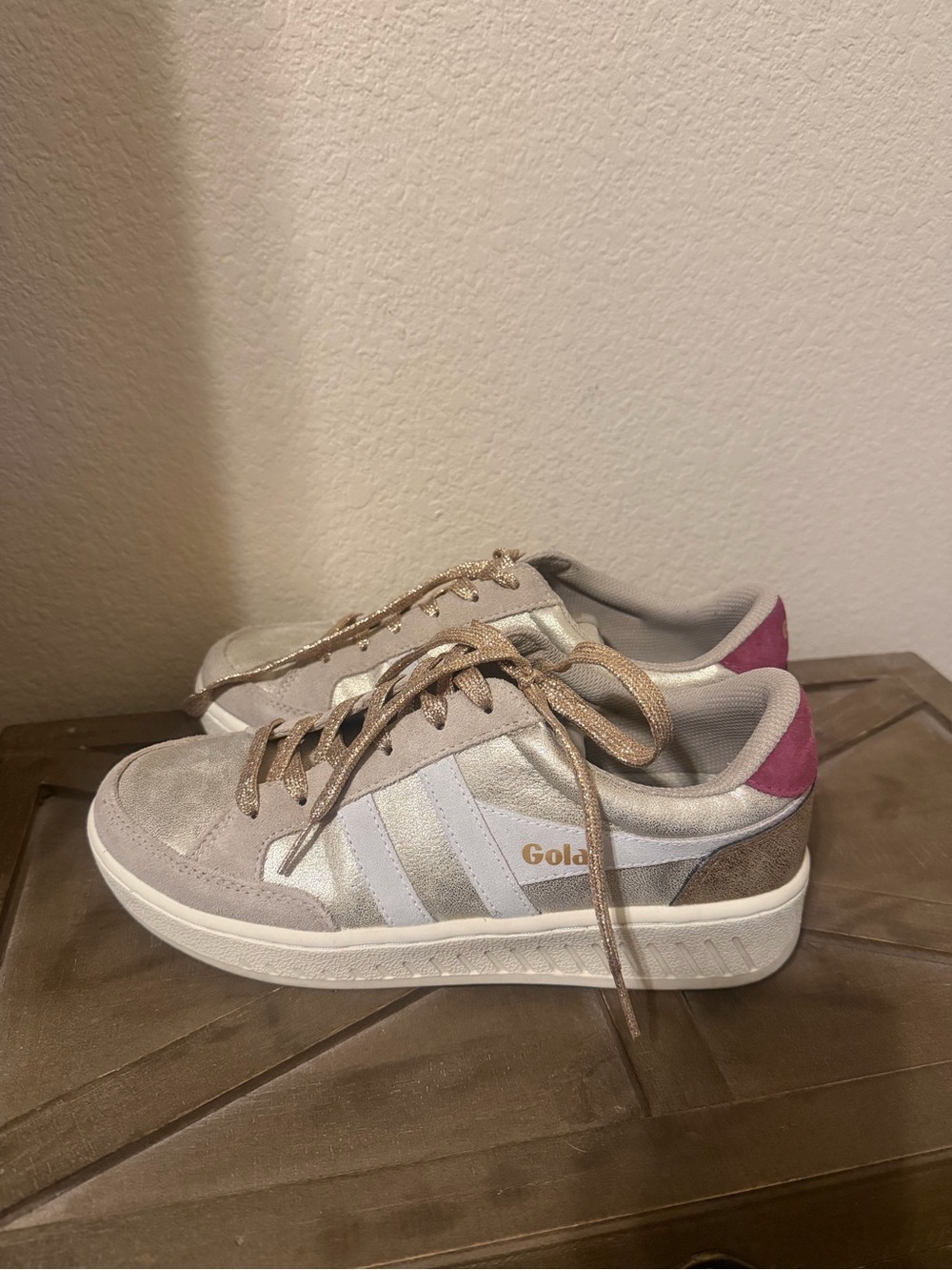 Gola Women's Beige and Pink Suede Low-Top Sneakers with Gold Accents